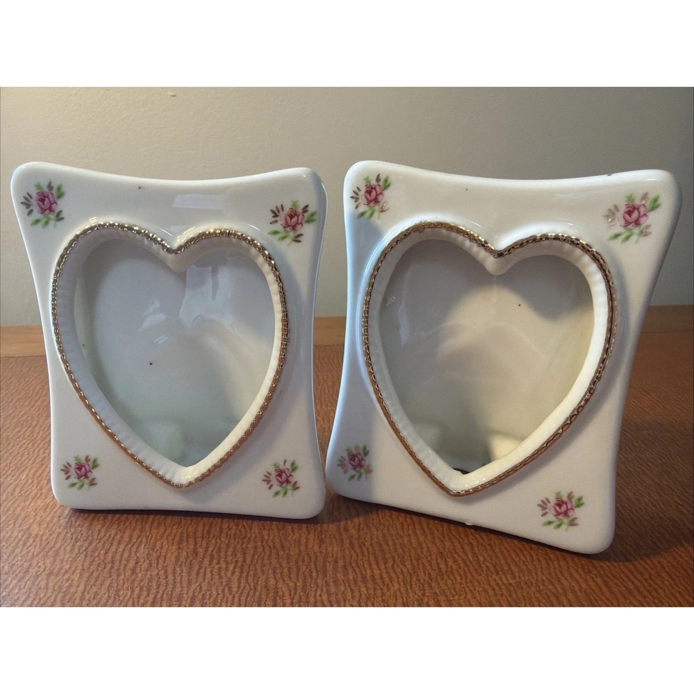 Vtg Set Of White Porcelain Heart Shaped Picture Frames Floral Accent 3x4 Cottage